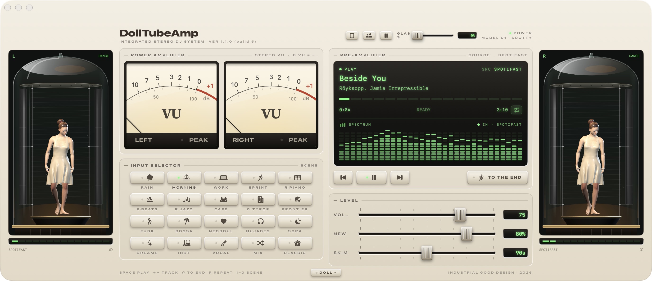 Macで動くDollTubeAmp。左右の真空管に人形が立ち、中央にVUメーターと音楽の操作部が並ぶ。
